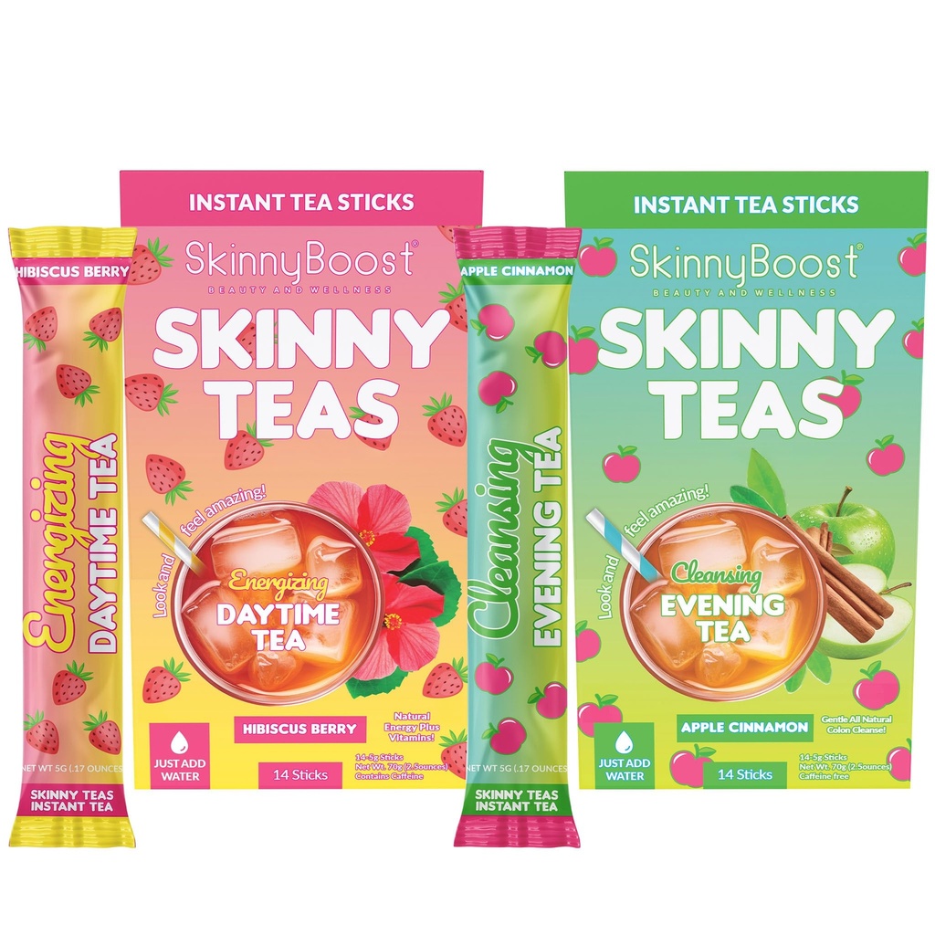 SkinnyBoost Skinny Teas Day & Night Kit – Energizing Daytime Tea (Hibiscus Berry) + Cleansing Evening Tea (Apple Cinnamon), Energy + Digestive Support, 28 Sticks Total