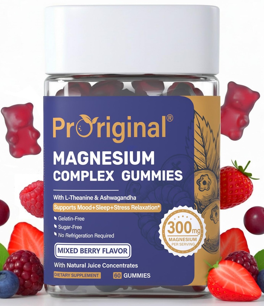Magnesium Gummies for Stress & Sleep - 300mg Magnesium Complex with Glycinate, Citrate, Malate & Taurate - Supports Relaxation, Muscle & Heart Health - Vegan, Sugar-Free, Non-GMO - 60 Gummies