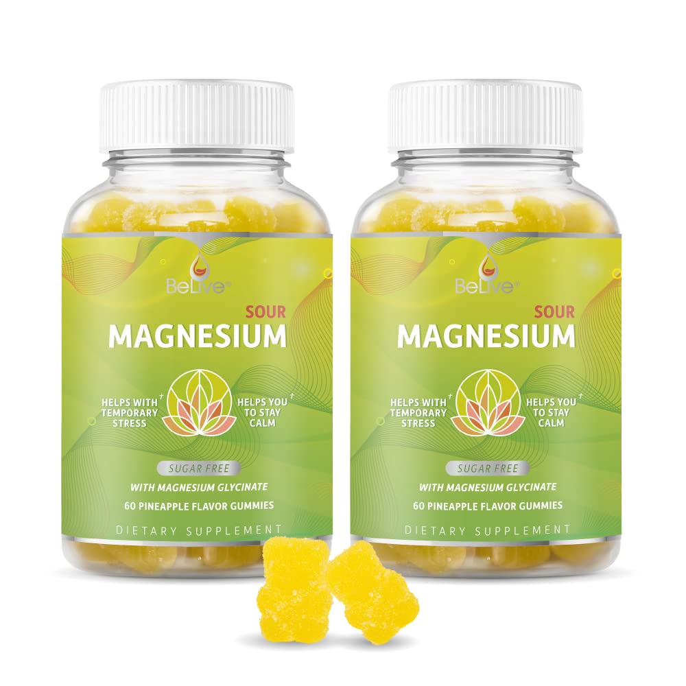 BeLive Magnesium Glycinate Gummies 200 mg - Sugar Free Supplement for Muscle Relaxation, Sleep Support, & Heart Health for Adults & Kids - Pineapple Flavor - 2 Pack, 120 Count