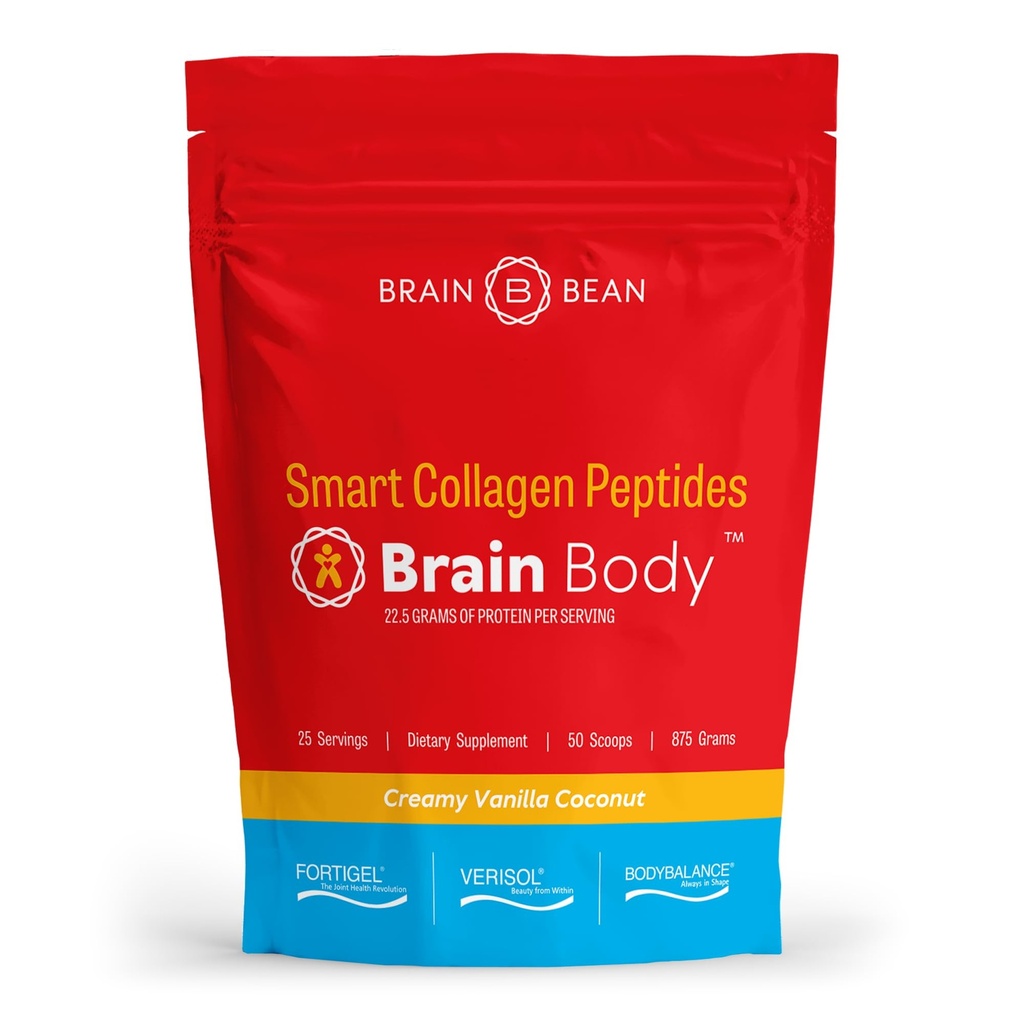 Brain Body Collagen Peptides Powder - Vitalprotein & Collagen Supplement für Damen & Herren - Hydrolysiert Typ I & III für Haar, Haut, Nägel & Gelenke Gesundheit - 25 Servierungen - Creamy Vanilla Coconut - 875g