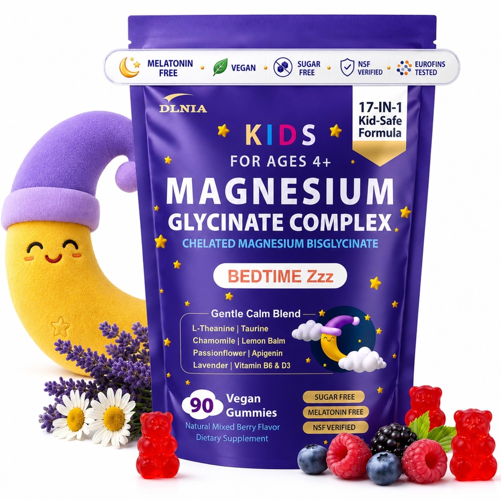 DLNIA Melatonin-Free Kids Magnesium Glycinate Gummies for Focus & Bedtime Relaxation – 17-in-1 Multivitamin Formula Ages 4+ – Calm Magnesium Gummies for Kids Wellness – Vegan, Sugar-Free, 90 Count
