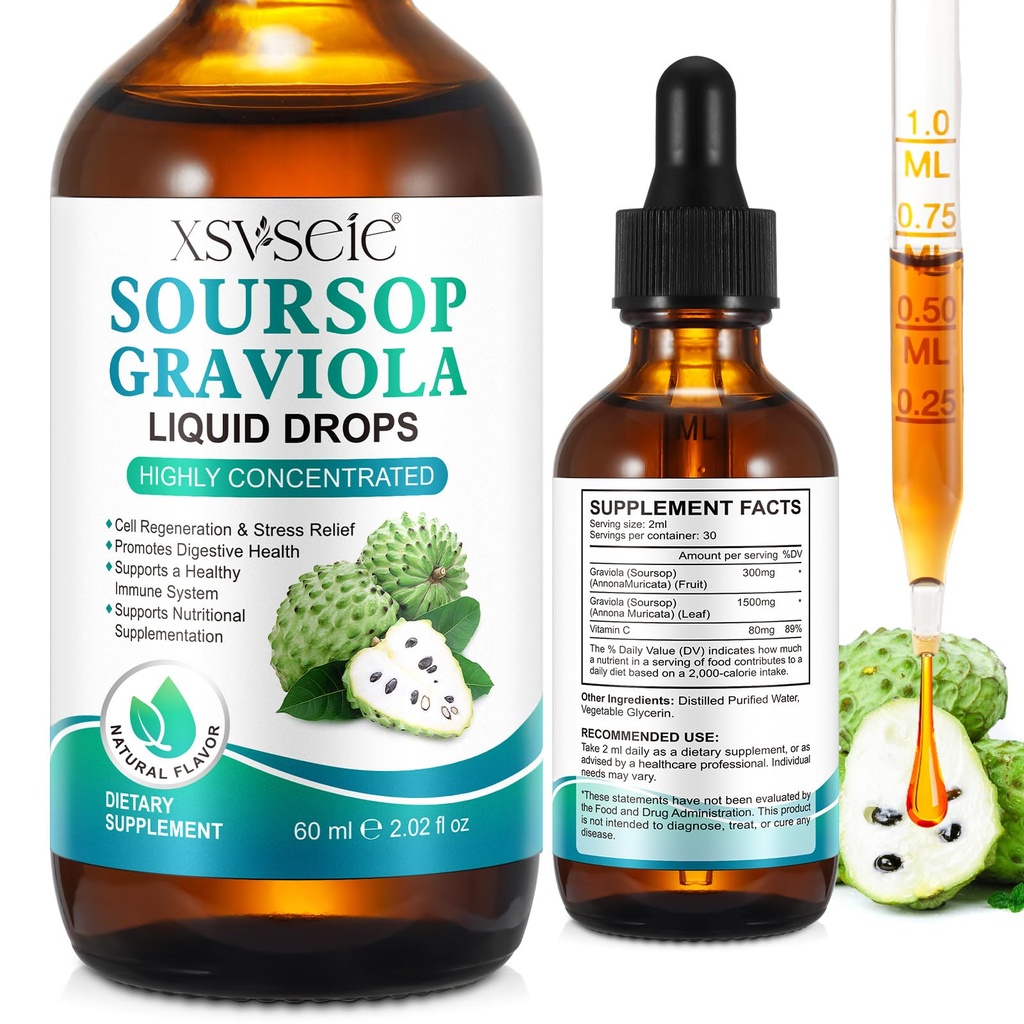 Soursop Graviola Flüssigkeitstropfen, Soursop Öl für Unterstützung & Regeneration, Immun Boost, Relax, Leber und Schlaf, Soursop Bitters Liquid, Vegan, Zucker & Gluten frei, natürliche Geschmack, für Männer & Frauen-2 Fl Oz