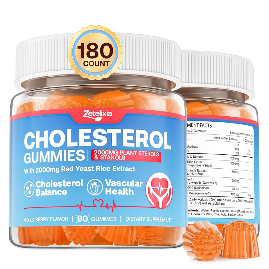 Cholesterol Gummies, Cholesterol Supplements with 2000mg Plant Sterols & Stanols, Red Yeast Rice, 500mg Bergamot Orange, Support Healthy Cholesterol Levels for Women & Men, Mixed Berry Flavor, 180Ct
