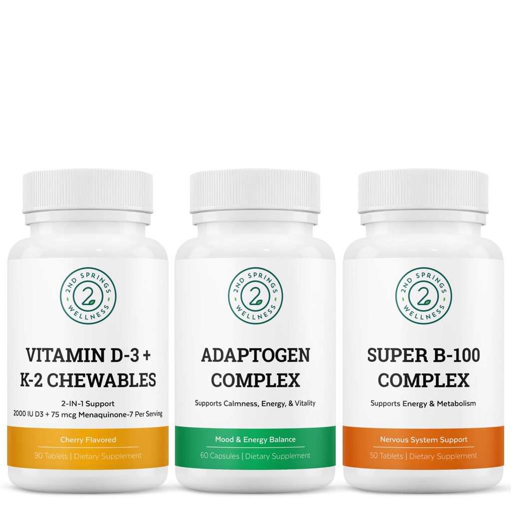 Adaptogen Complex, Vitamin D3+K2 Chewables & Super B-100 Complex Bundle