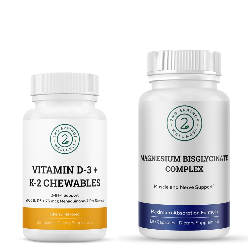 Magnesium Bisglycinate + Vitamin D3 K2 Complex Bundle | Bone Strength, Muscle Relaxation, Calcium Support, Immunity, Heart Health & Daily Wellness
