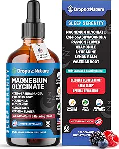 Magnesium Glycinate & Ashwagandha Flüssigkeitstropfen mit Valerian Root, Kamille, Passionsblume, Zitronenbalsam & L-Theanin - Vegan Fast Absorption - Ergänzung für Wellness & Entspannung (Mixed Berry, 60mL)