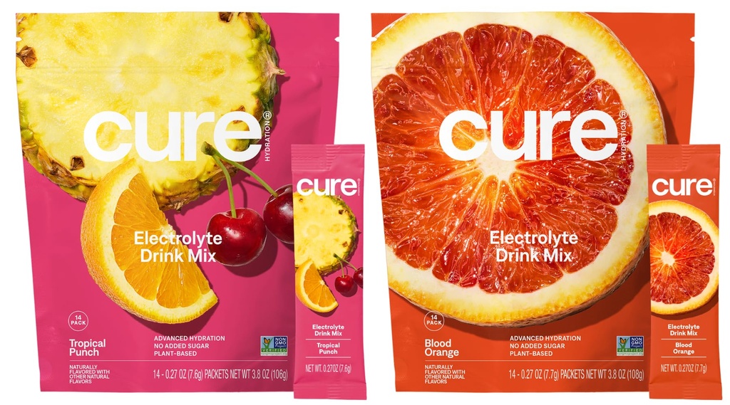 Cure Hydration Bundle | Plant-Based Electrolyte Drink Mix | No Added Sugar | FSA-HSA | Dehydration Relief Powder Made with Coconut Water | Vegan | 28 Packets - Blood Orange & Tropical Punch