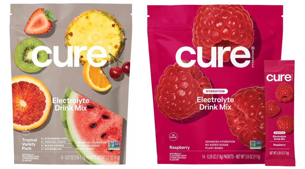 Cure Hydration | Plant-Based Electrolyte Drink Mix | No Added Sugar | Dehydration Relief Powder Made with Coconut Water | Non-GMO | Vegan | 8 Pack Tropical Variety & 14 Pack Raspberry