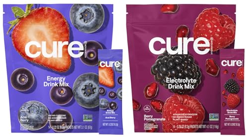 Cure Hydration | Plant-Based Electrolyte Drink Mix | Energy & Dehydration Bundle | No Sugar | Coconut Water |100mg Caffeine | Non-GMO | Vegan | 14-Pack Each: Acai Berry & Berry Pomegranate
