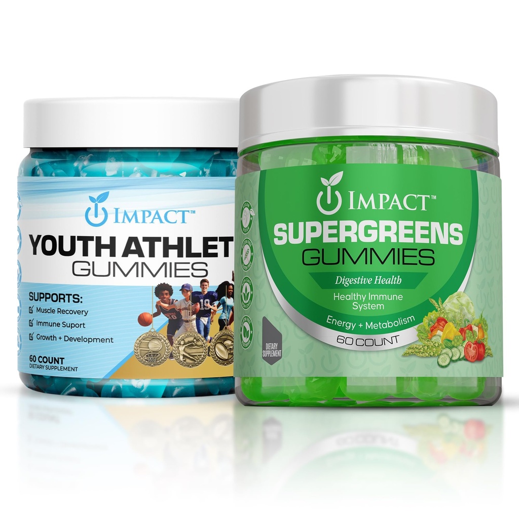 IMPACT Supergreens & Youth Athletic Gummies Bundle – Daily Multivitamin & Superfood Support for Kids & Adults – Fiber, Essential Nutrients, Omega-3, Zinc, & Immunity Boost – Vegan & Gelatin-Free (60)