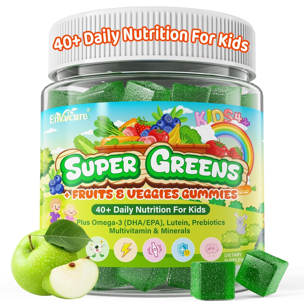 Kids Super Greens Gummies, w/Multivitamins, 20+ Veggie Fruit, Prebiotics, Calcium, Omega-3 (DHA/EPA), Kids Vitamins Greens Superfood Gummies for Picky Eater Growth, Energy, Immune, Digestion, 1 Pack