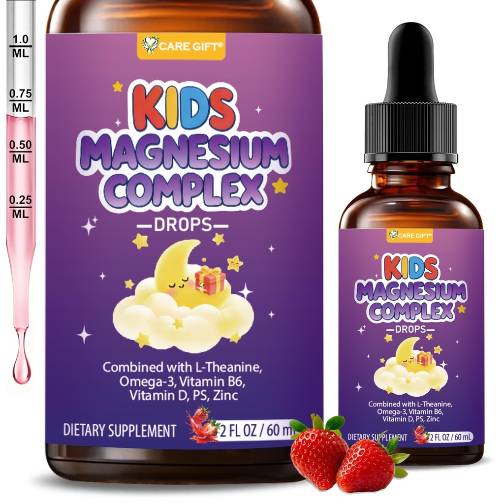 Kids Magnesium Liquid Drops-Magnesium Glycinate Liquid for Kids Supplement-w/L-theanine Omega-3 PS Zinc Vitamin B6 D3 - for Sleep Relaxation Brain Bones Immunity - 2 Fl Oz, Strawberry Flavor