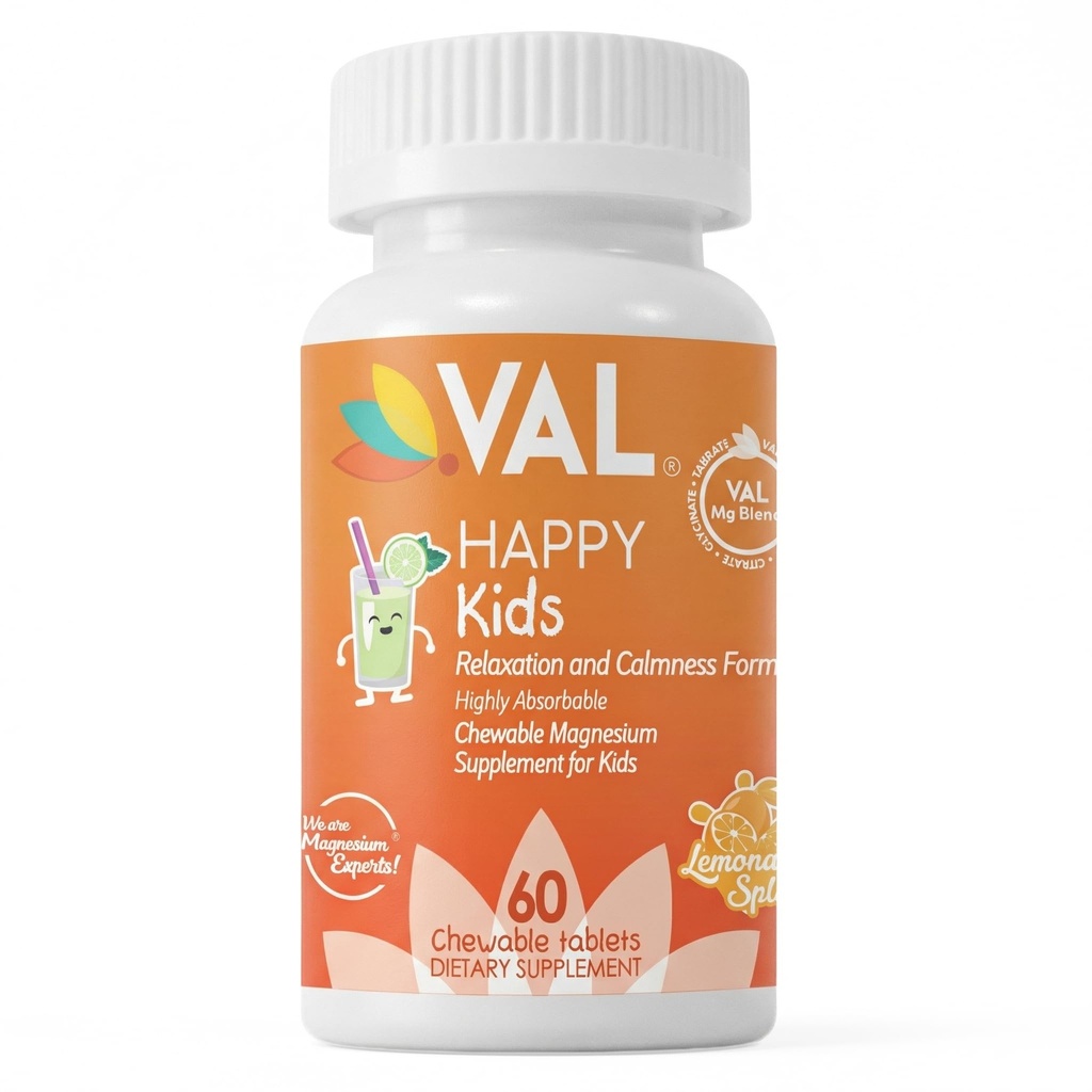 VAL Magnesium for Kids | High-Absorption Magnesium for Calm, Relaxation & Focus | Mg Glycinate, Citrate & Taurate | with Vitamin B6, D & C | Sugar-Free, Non-GMO | Lemonade | 60 Chewable Tablets