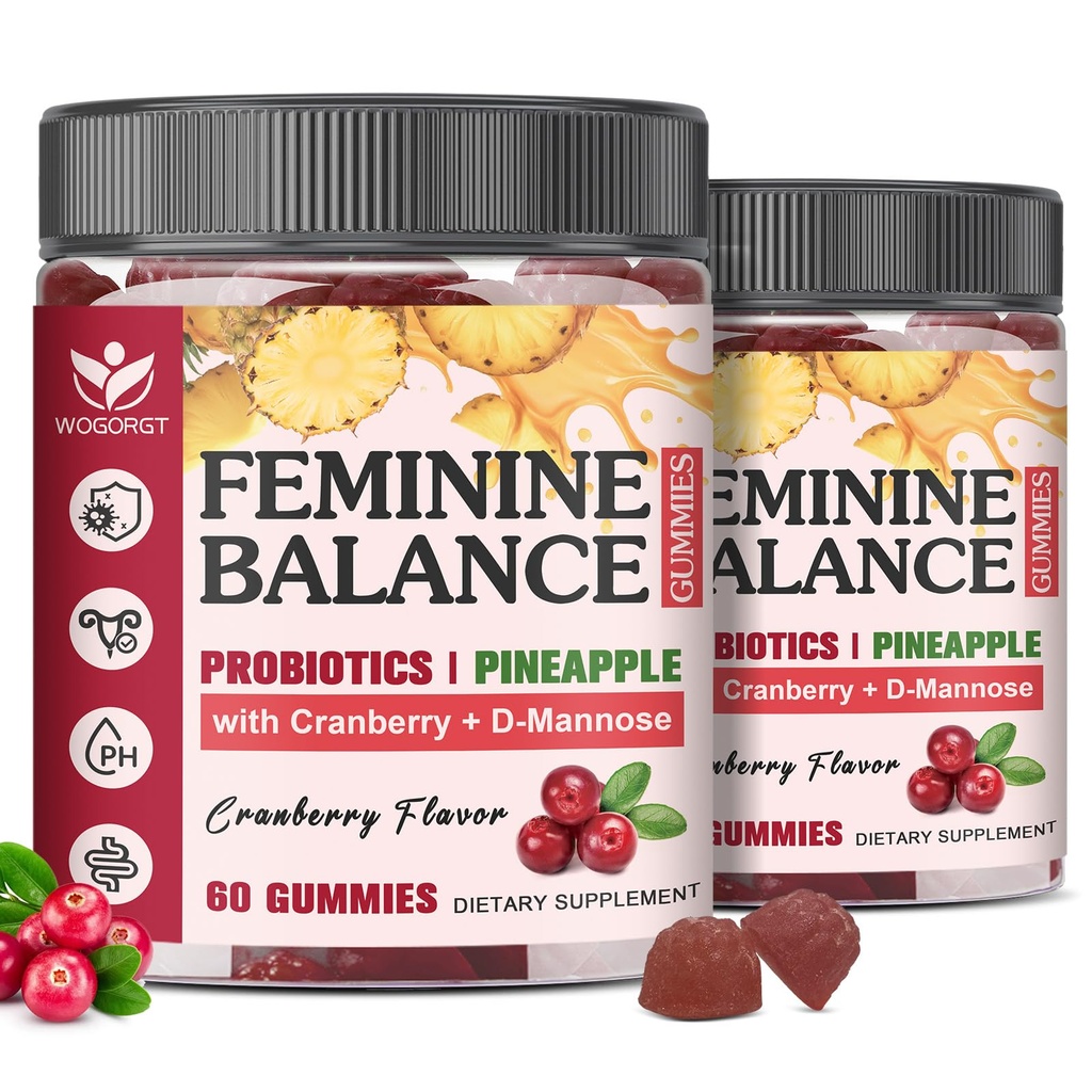 Feminine Balance Gummies for Women - Vaginal Health, pH Balance Support, Pineapple Probiotics Gummies for Women with Cranberry Extract and D-Mannose, Sugar Free, Vegan, Cranberry Flavor - 60Ct (2pack)