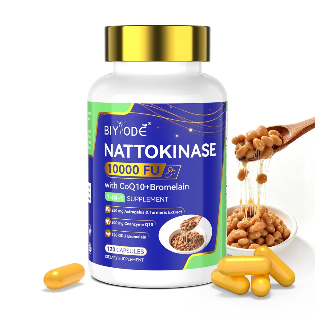 Nattokinase 10000 FU Capsules for Healthy Circulation, Heart Health & Blood Flow Support with CoQ10, Bromelain, Turmeric, Astragalus – 120 Count Supplement