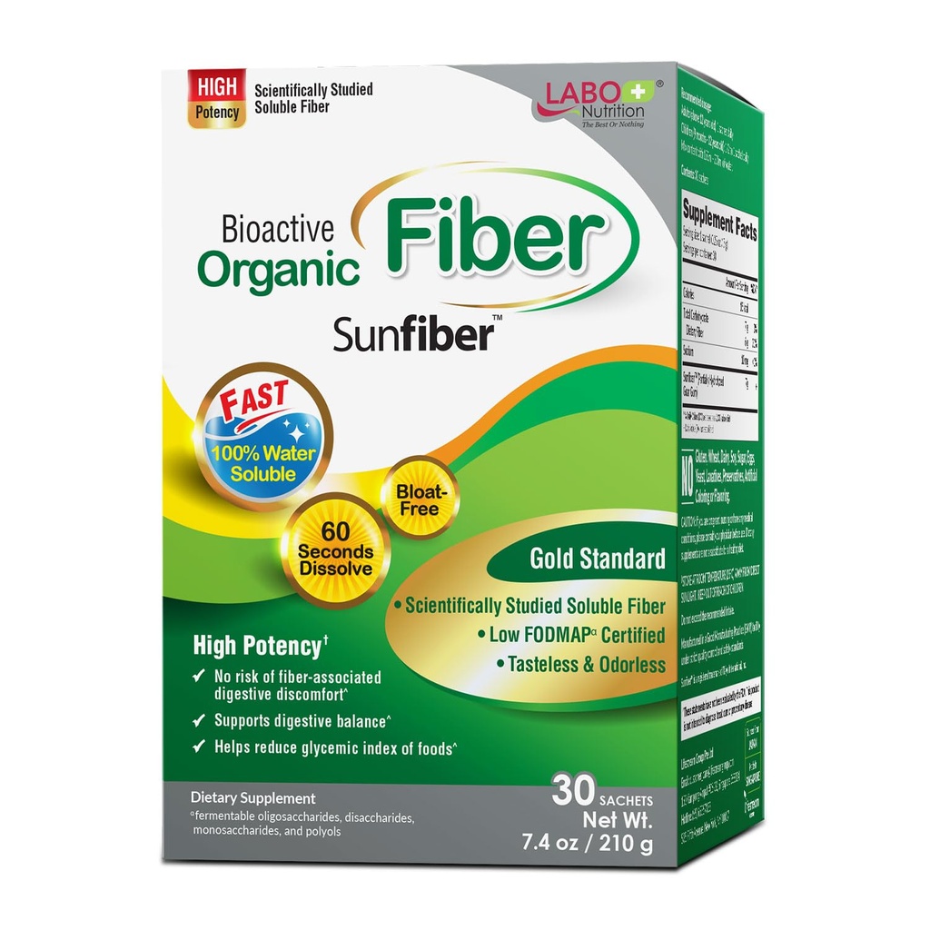 LABO Nutrition Bioactive Organic Fiber – Sunfiber PHGGG Soluble Prebiotic Fiber for Digestive Regularity & Gut Health – Teilweise hydrolysiertes Guar Gum, Low FODMAP, Unflavored, Vegan, Non-GMO, 30 Sachets