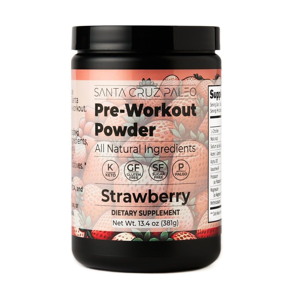 Santa Cruz Paleo Pre Workout Powder Electrolytes, Magnesium, Potassium, Sea Salt & L Citrulline, Caffeine & Sugar Free Preworkout Drink Mix for Energy & Hydration, Strawberry Flavor, 30 Servings