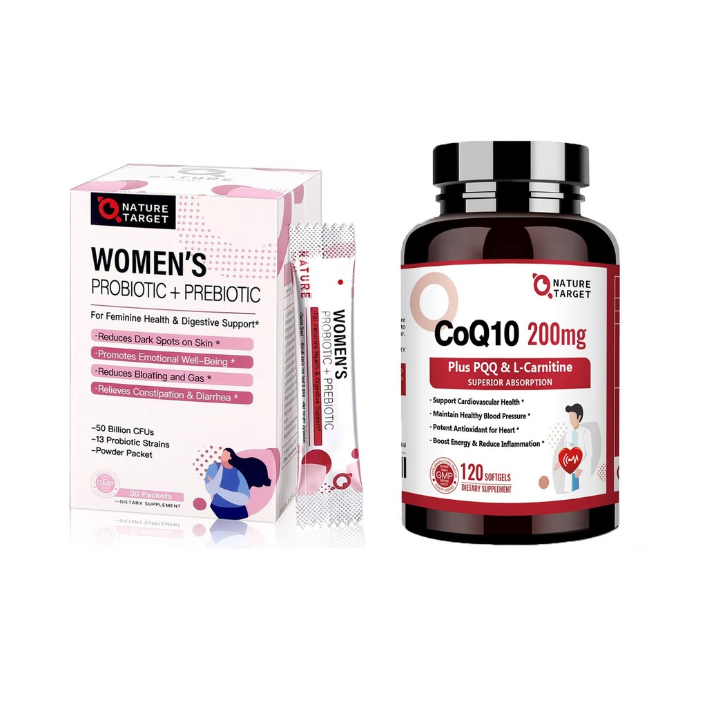 NATURE TARGET Probiotics Powder Supplement für Damen & CoQ10-200mg mit PQQ L-Carnitin & Omega-3s hohe Absorption