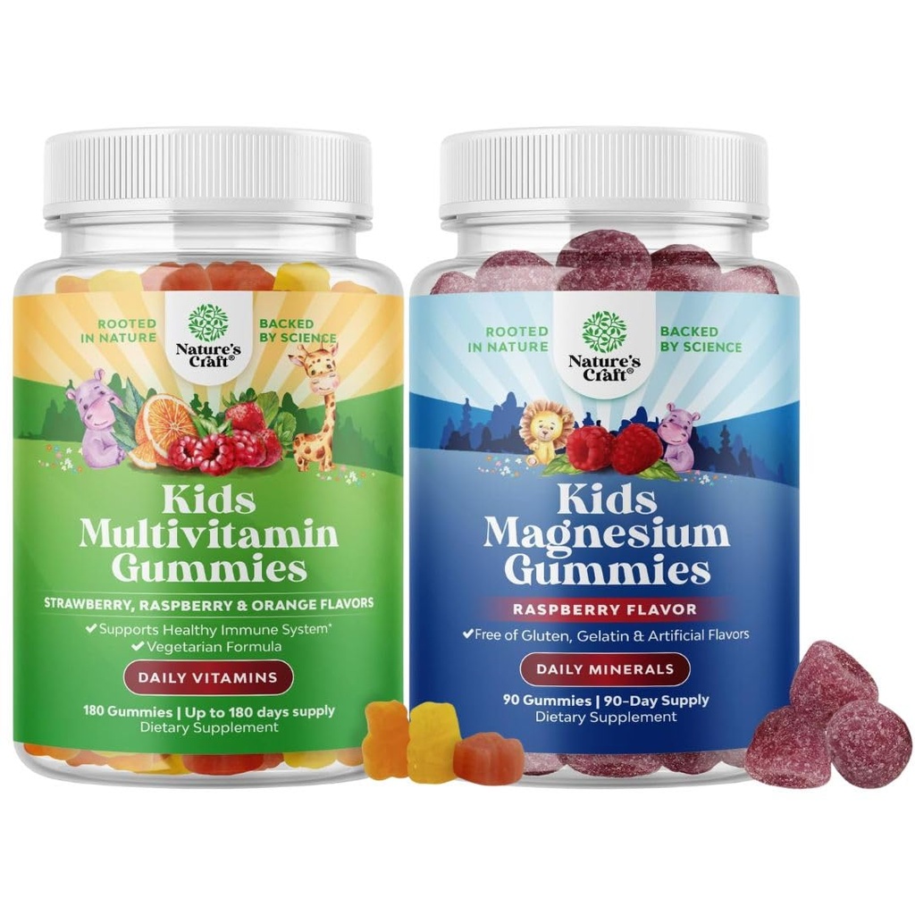 Bundle of Plant Based Kids Multivitamin Gummies - Multivitamin Immunity Support with Vitamins A C D3 E B and Zinc and Kids Magnesium Gummies - Calm Relaxing Mg Citrate for Nerve Health & Healthy Heart