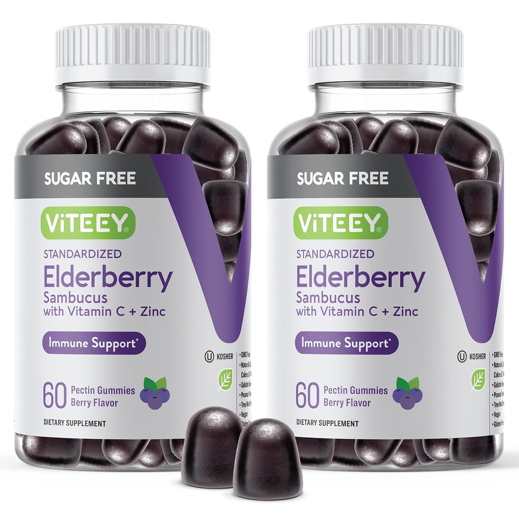 VITEEY Sambucus Elderberry Gummies für Erwachsene & Teens + Zink & Vitamin C - Zuckerfrei - Immununterstützung & Booster Kräuterergänzung - Vegan, Glutenfrei, Gelatin frei, GMO frei, Chewable Berry Flavored
