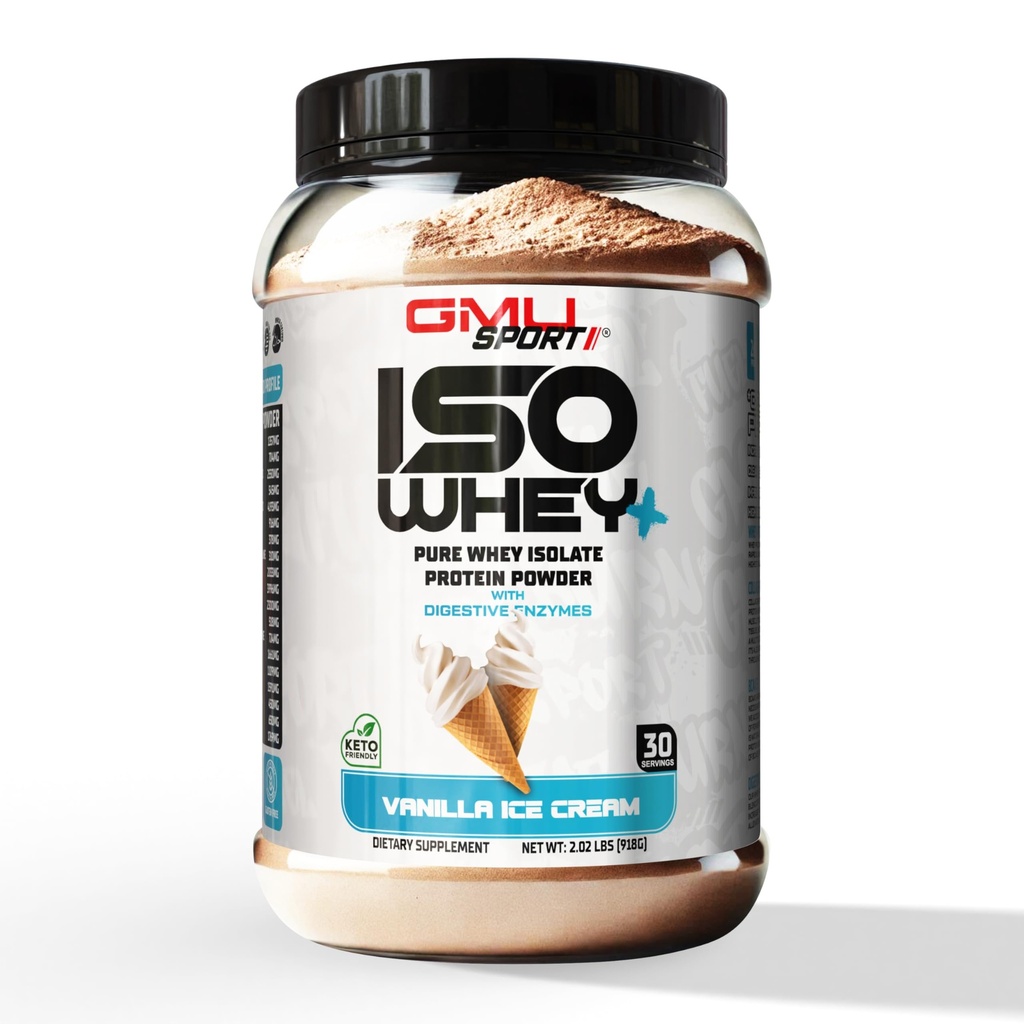 GMU SPORT ISO Whey - 100% Whey Isolate Protein - Vanilla Ice Cream, 2lb, (30 Servings) - 26g Protein Per Serving Complete with a Full Amino Profile, Digestive Enzymes, BCAA's and Collagen Peptides