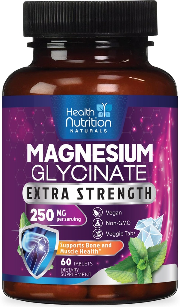 Magnesium Glycinate 250mg - 100% Chelat Magnesium für maximale Absorption - Schlafunterstützung, Muskeln, Nerven, Knochen und Herz-Gesundheit Unterstützung, beste Mag-Ergänzung, Vegan Non-GMO, 3. Partei getestet - 60 Tabletten