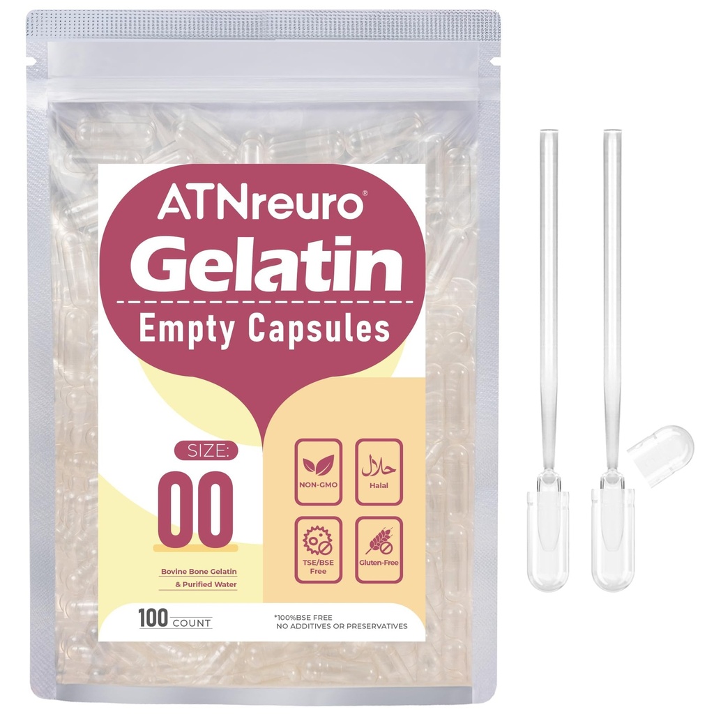Size 00 Empty Gelatin Capsules with 2 Micro Spoons - 100 Count Empty Clear Capsule - Gel Pill Capsules for Powders Supplements