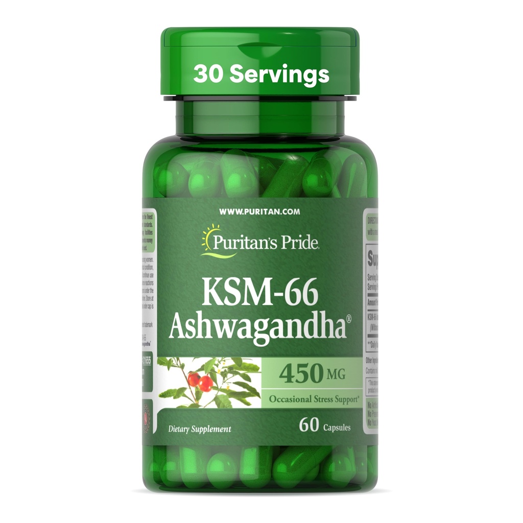 Puritan's Pride KSM-66 Ashwagandha® 450mg, Hochkonzentrierte Nahrungsergänzung für Stress, Mood-Enhancing und Memory-Unterstützung, 1 Monat Versorgung, 60 Kapseln