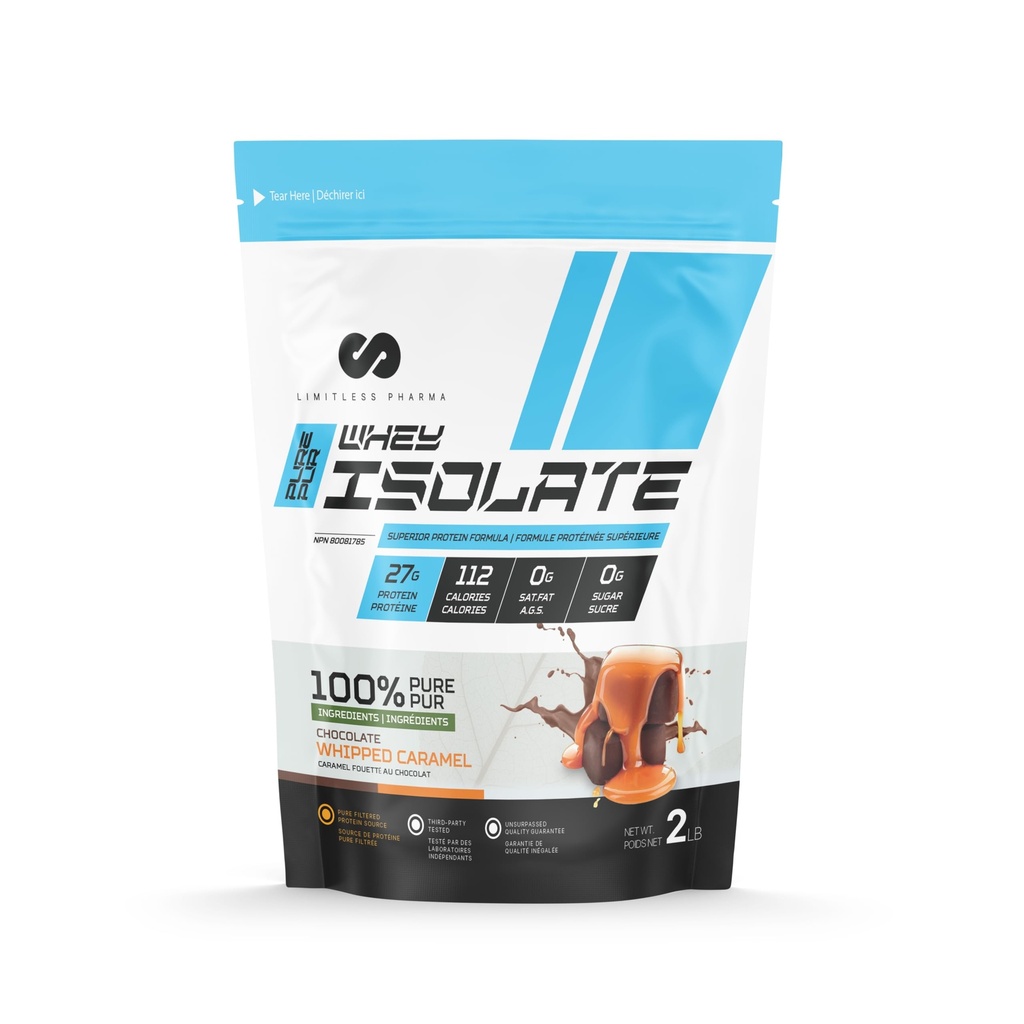 Limitless Pharma Pure Whey Isolate | High Protein Whey Isolate Protein Powder | 27g Protein, 6g BCAAs, Sugar Free, Gluten Free, Low Carb, Low Lactose | 30 Servings, 2LB (Chocolate Whipped Caramel)