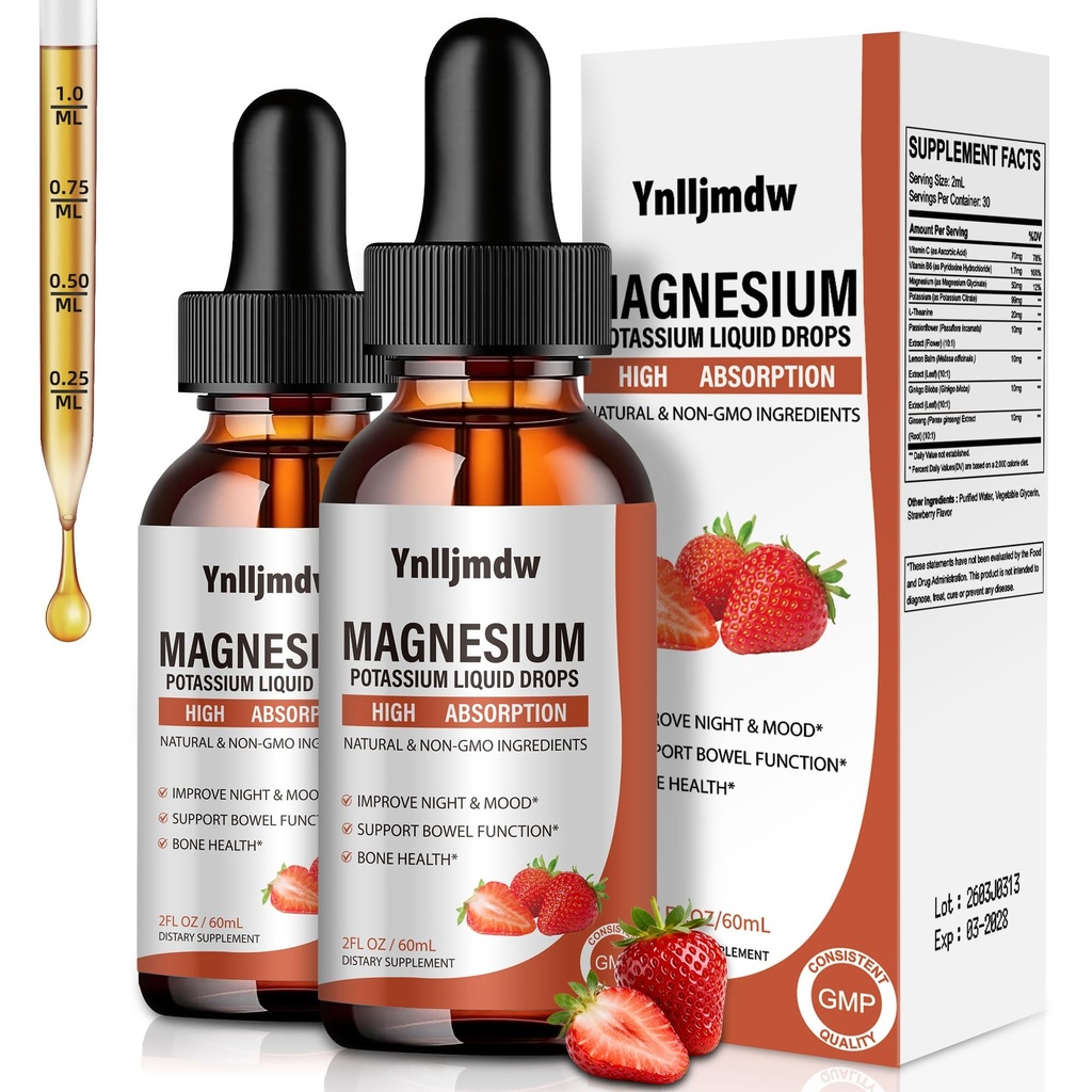 Magnesium Glycinat Flüssigkeitstropfen, 1000 mg flüssige Magnesiumergänzung mit Bromelain, Vitamin B6 C D, High Absorption Magnesium Complex für Nacht, Muskel & Energie Unterstützung, 2 Fl Oz (Pack von 2)