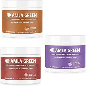Amla Powder, Green Tea Superfood Supplement mit Kürbis Spice & Hibiscus & Elderberry, Organic, Vegan, 30 Servierungen