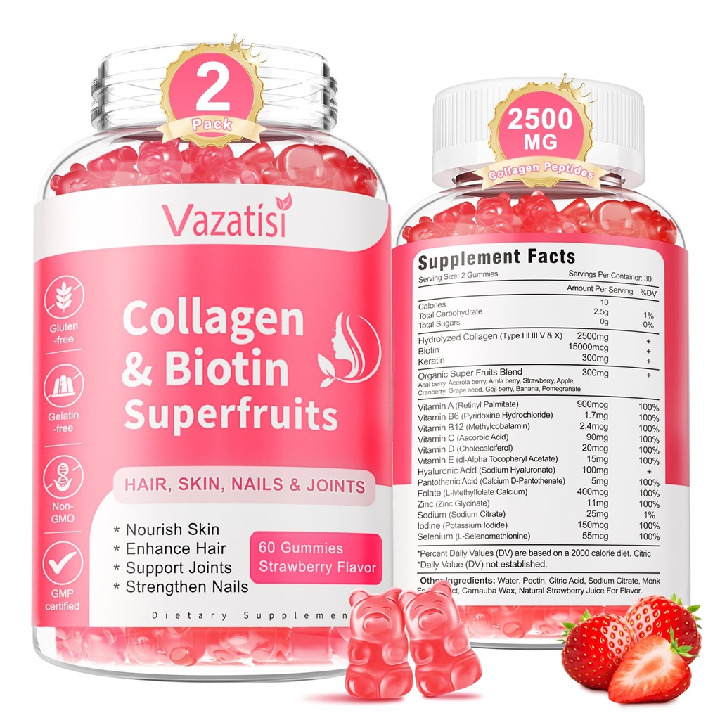 2 Pack Sugar Free Collagen Gummies für Damen, Multi Collagen Peptides Gummies Typ I II III V X mit Biotin Vitamin A B C D E für Haar Hautnägel, Erdbeeren Geschmack, 120 Zähler