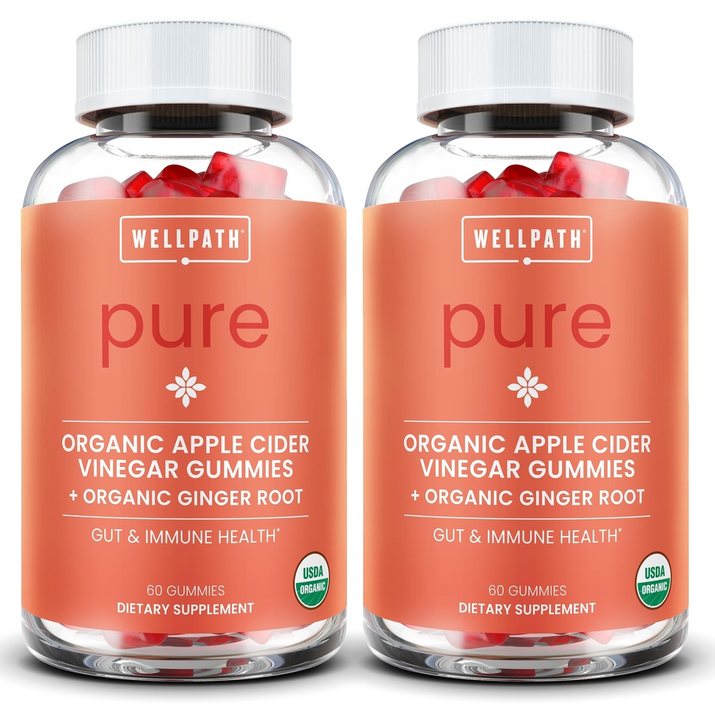 WellPath Pure ACV Gummies (2 Pack) - Apfelessig mit Mutter - USDA Organic Gummy mit Ginger für Gut Health | Vegan, Non-GMO, 120 Ct