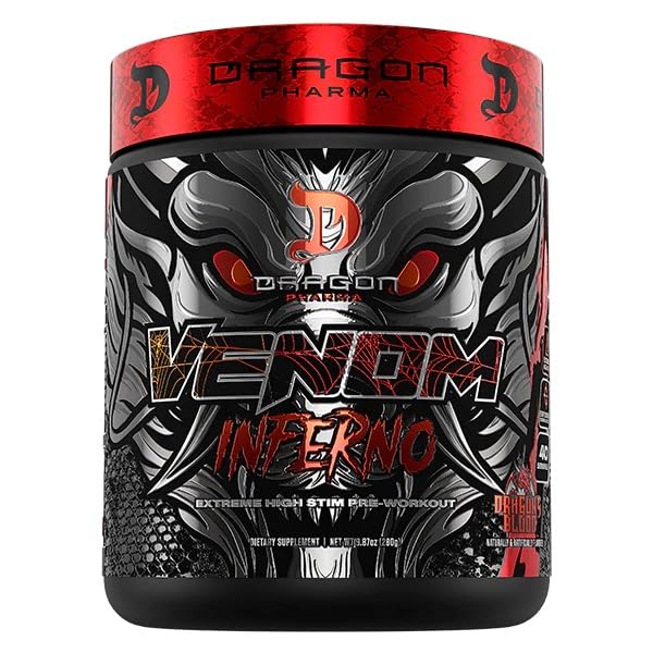 DRAGON PHARMA Venom Inferno, Extreme High-Stim Pre-Workout, Explosive Energy and Unparalleled Focus (40 Servings, Dragon's Blood)