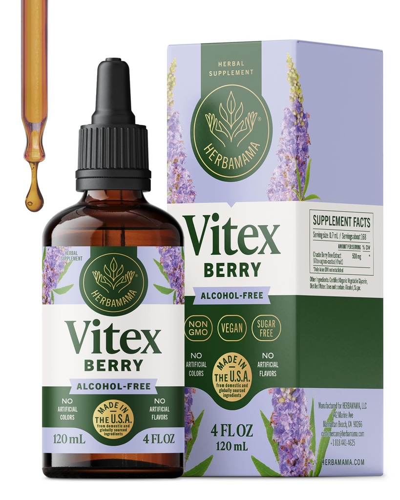 HERBAMAMA Vitex Berry – Hormone Balance for Women, PMS Relief & Cycle Support* – Vitex Chasteberry Supplement for Women – Chaste Tree Berry Drops – Vegan, Non-GMO, 84-Day Supply