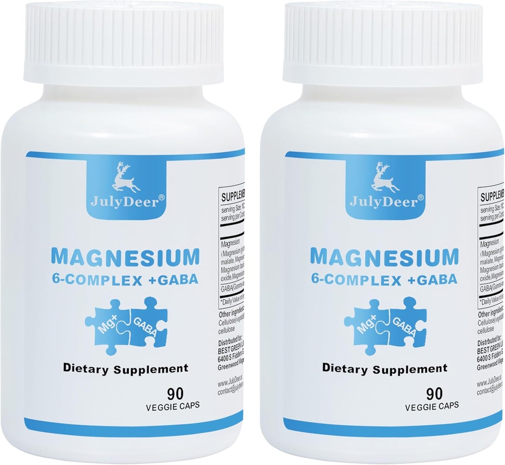 2 Flaschen Sechsfach-Magnesium-Komplex | 350mg Magnesium-Glycinat, Malat, Citrat, Taurine, Oxid, L-Threonat für Muskeln, Nerven, und Energie, GABA Schlaf-Unterstützung | Hohe Absorption | Vegan | 90 Kapseln