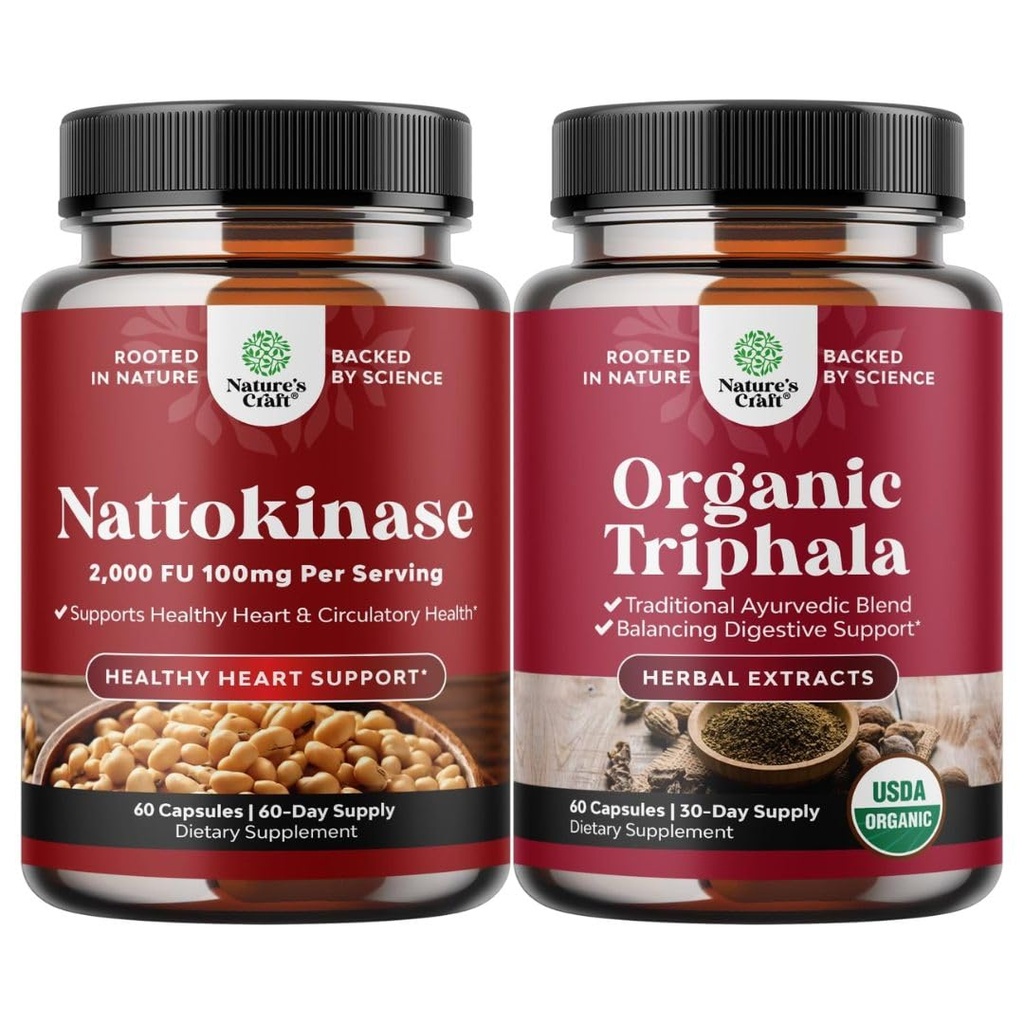 Bundle of Nattokinase Supplement for Healthy Heart Support - Traditional Japanese Natto Formula and Digestive Triphala Capsules Organic Complex - Organic Triphala Colon Cleanser Detox Digestive Health
