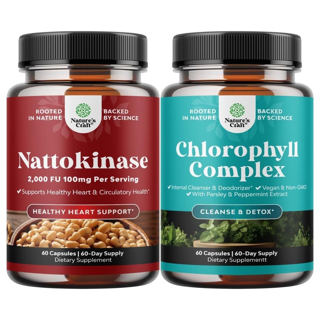 Bundle of Nattokinase Supplement for Healthy Heart Support - Traditional Japanese Natto Formula and Chlorophyll Capsules for Cleanse and Detox Support - Internal Deodorant Pills for Body Odor