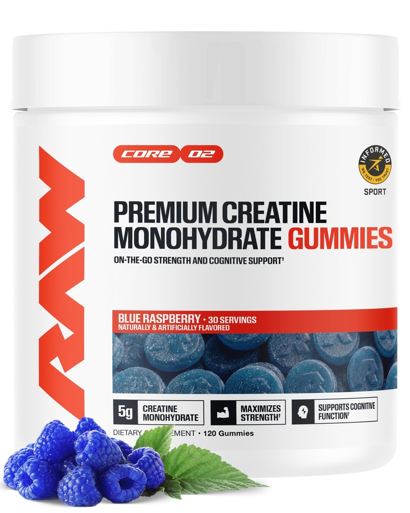 RAW Nutrition Creatine Gummies, Blue Raspberry, 5g Creatine Monohydrate, Supports Strength & High-Intensity Performance, No Mixing Chewable Pre/Post Workout Supplement, 120 Gummies (30 Servings)