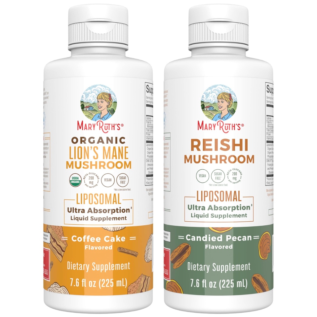 MaryRuth Organics Lion's Mane Liposomal (Kaffeekuchen) & Reishi Mushroom (Candied Pecan) | Clean Label Project Verified® | Vitamine für kognitive Unterstützung, Immunität, & Gesamtgesundheit | Vegan, Non-GMO