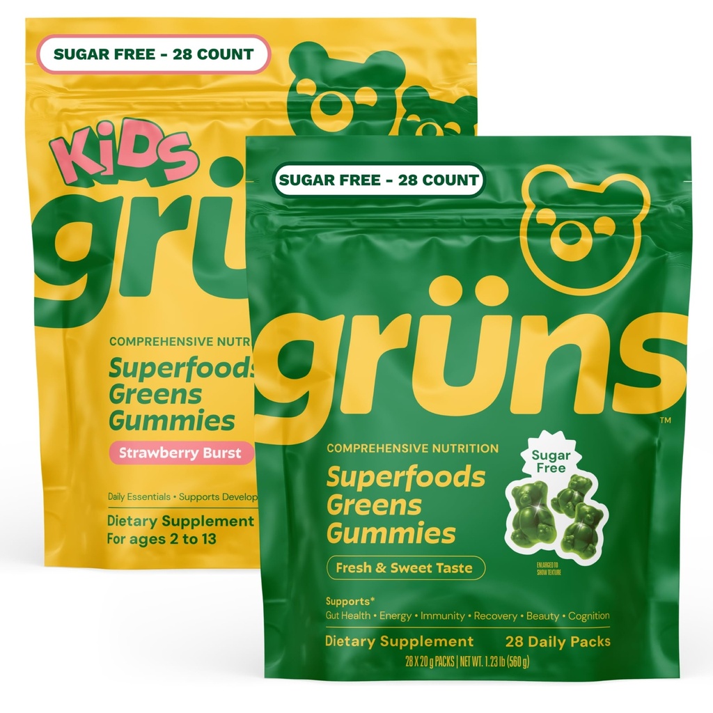 Gruns Adult + Kids Superfood Green Bundle, Sugar-Free, Nutritional Supplement 2-Pack (28 Day Supply) multivitamin Gummy, prebiotics, Greens Powders, 60+ Organic Ingredients, 20+ Vitamins and Minerals