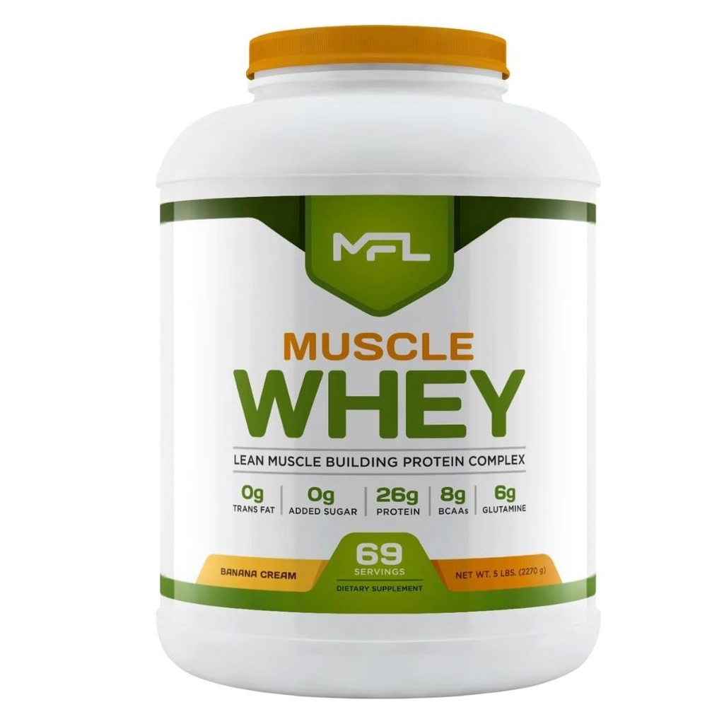 MFL Muscle Whey Protein l 28g of Protein l 8g BCAAs l Keto Friendly l Low Carbs l 5 lbs. (Banana Cream)