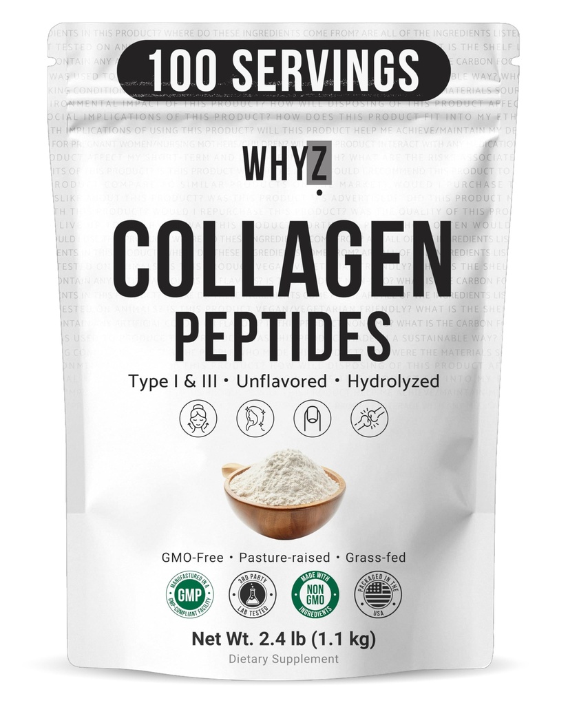 Bovine Collagen Peptides Powder, Hydrolyzed Type I & III Protein, Grass-Fed Pasture-Raised Source, Unflavored Collagen Supplement Paleo-Friendly for Active Lifestyles & Wellness Non-GMO, 2.4lb (1.1kg)