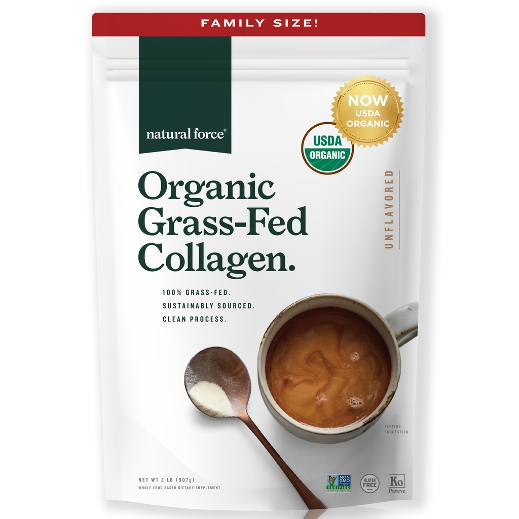 Natural Force Organic Clean Collagen Peptides Powder - USDA Certified Organic & Non-GMO, Keto & Paleo Certified - Hydrolyzed Type I & III Protein Powder with Essential Amino Acids – Unflavored, 32oz