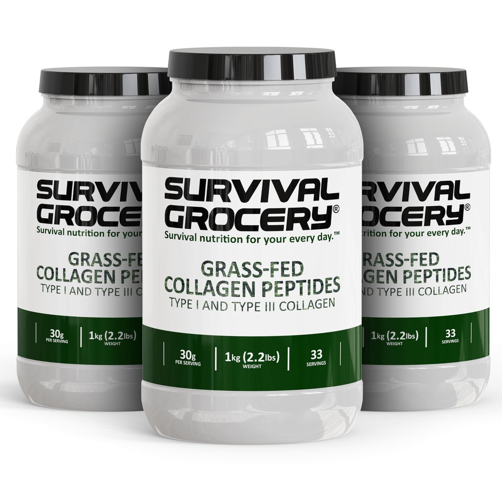 Survival Grocery Collagen Peptides Powder Grass Fed Hydrolyzed Collagen Protein Supplement, Types I & III, Unflavored, Gluten Free, Keto Friendly, Non-GMO, Dairy Free, 3kg (3 x 1kg Jugs), 99 Servings