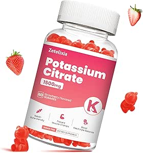 Kalium-Gummi-Gummi für Erwachsene Frauen und Männer, Kalium-Zitrat-Ergänzung, Unterstützung Leg Cramps, Muskel-Gesundheit & Elektrolyt Balance, Zuckerfrei, Bio, Vegan, Erdbeere, 60 Cts