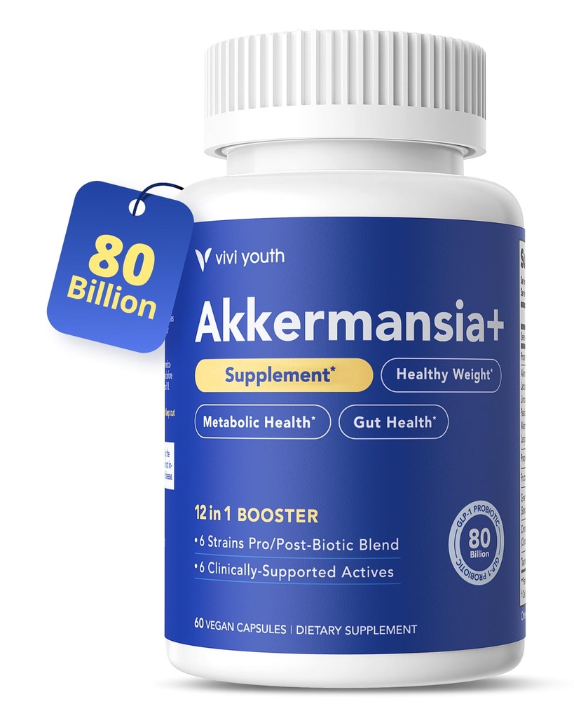 Akkermansia Muciniphila Probiotic Supplement with 80 Billion Probiotic Prebiotics EGCG Delayed Release, Metabolism, Gut Health for Women & Men, 60 Vegan Capsules