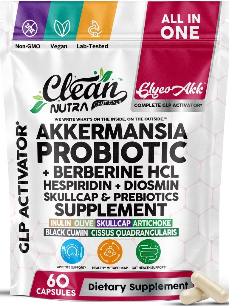 Clean Nutra Glyco Akk Akkermansia Probiotic with Berberine HCL, Hesperidin & Diosmin, Skullcap and Prebiotics Capsules, All-in-One Formula, Non-GMO, Vegan, Lab Tested, 60 Count Capsule