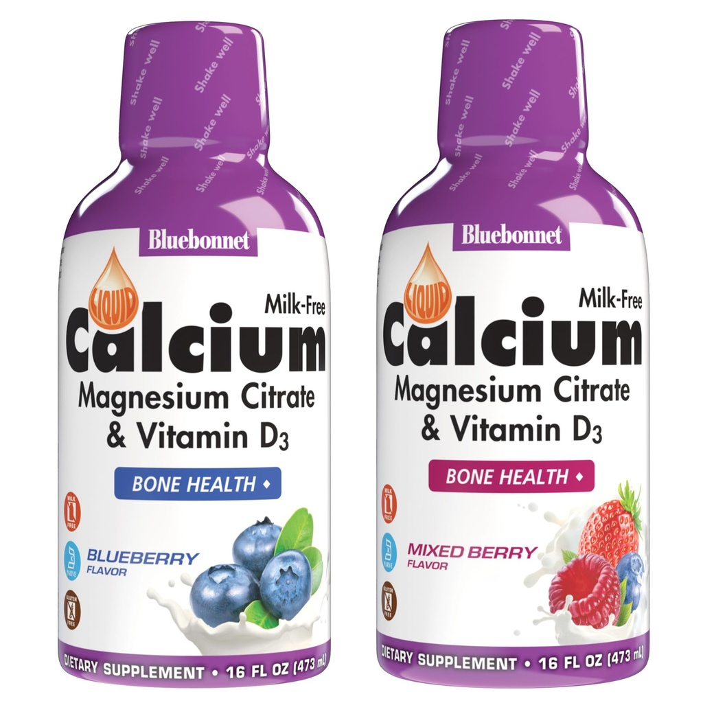 BlueBonnet Nutrition Liquid Calcium Citrat Magnesium Citrat, Vitamin D3, Knochengesundheit, Glutenfrei, Sojafrei, Milchfrei, Kosher, Blueberry und Mischbeere Combo