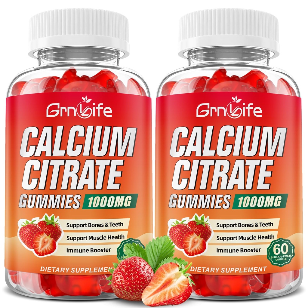 2 Pack Calcium Citrate Gummis, Sugar Free Calcium Citrate 1000mg für Muskel Gesund, Absorption Calcium Ergänzungen für Erwachsene & Kinder, Erdbeere, 120 Zähler